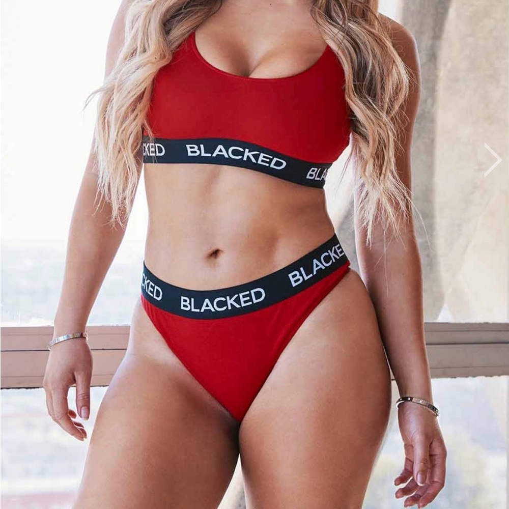 Blacked Red Bralette & High-Cut Bikini Set with Black Logo Band